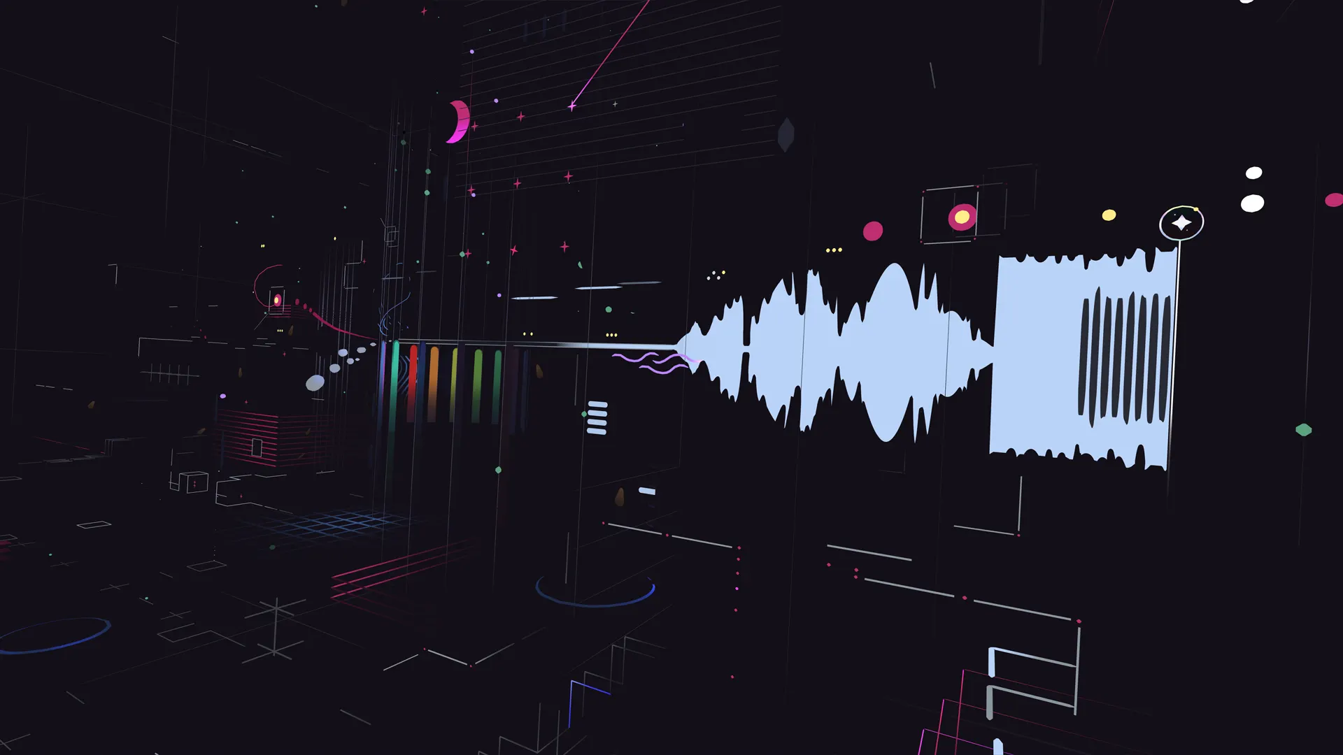 Racers lined up on a neon subatomic racetrack