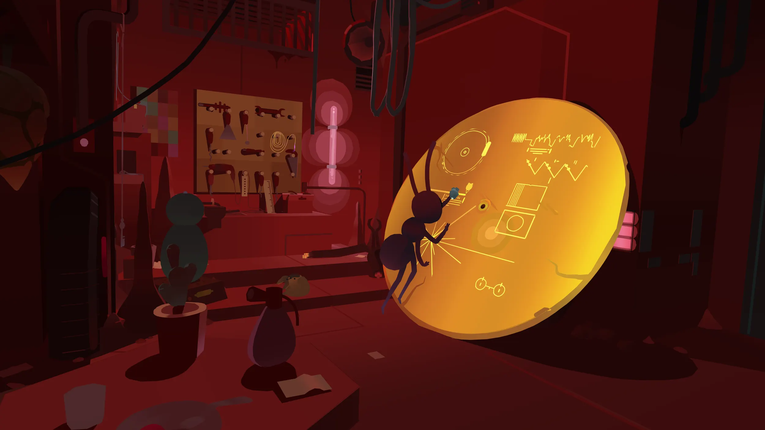 A lone ant worker in the amber-lit corridors of the Ant Megacolony