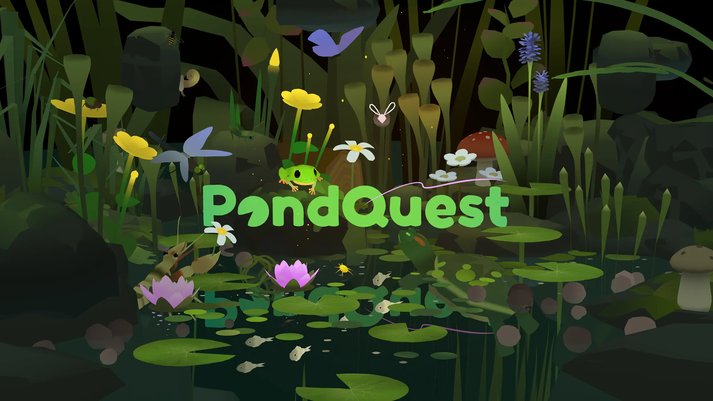 PondQuest: a green frog peeks over the title among lily pads, mushrooms and wildflowers