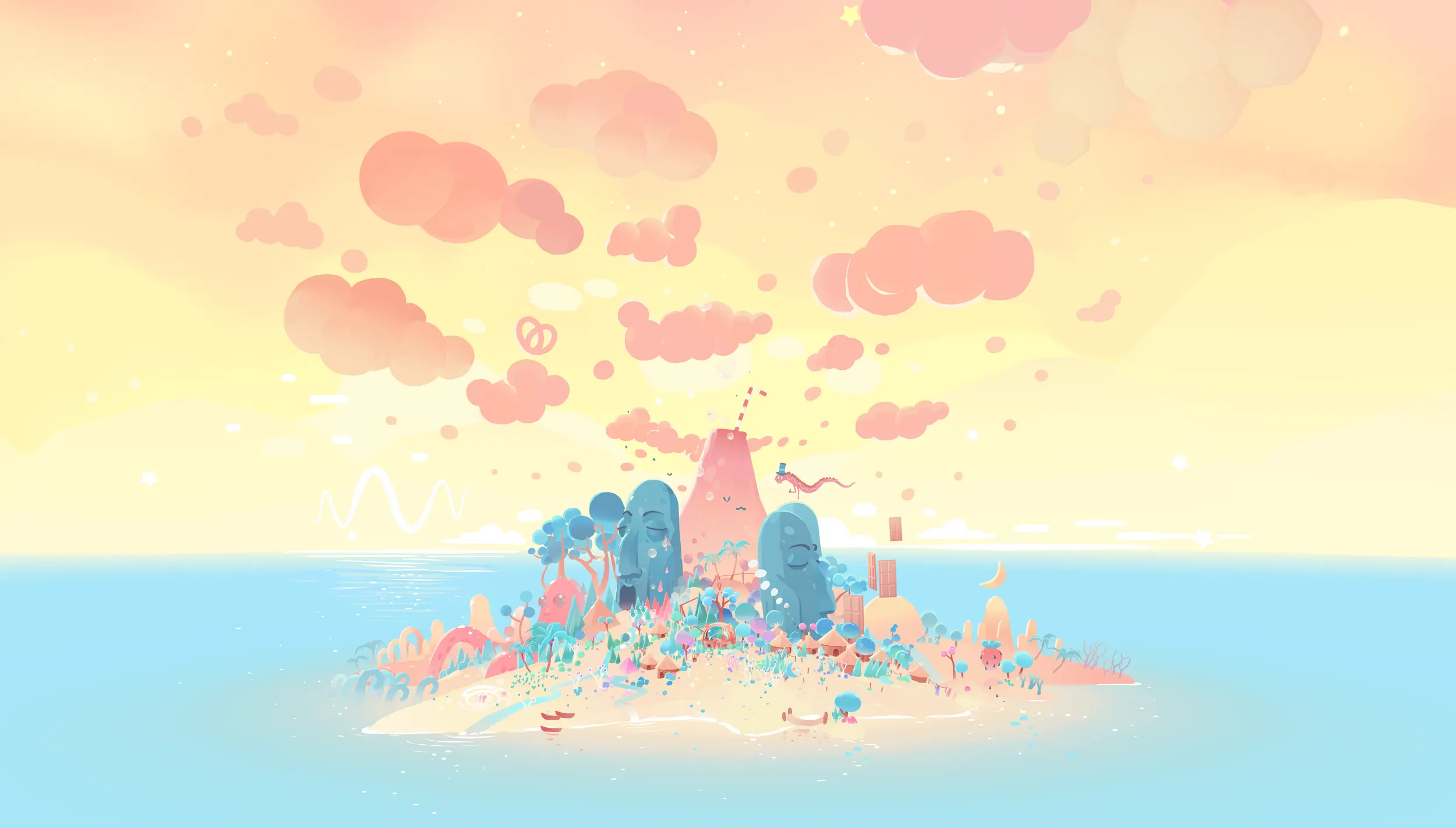 Soda Island at golden hour: a pastel island of pink and cyan structures rising from a calm sea under cotton-candy clouds