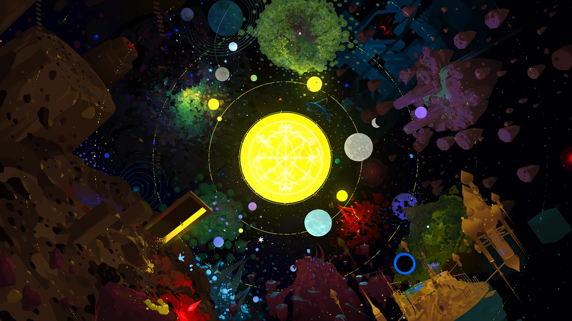 A glowing golden ring of symbols surrounded by planets and constellations
