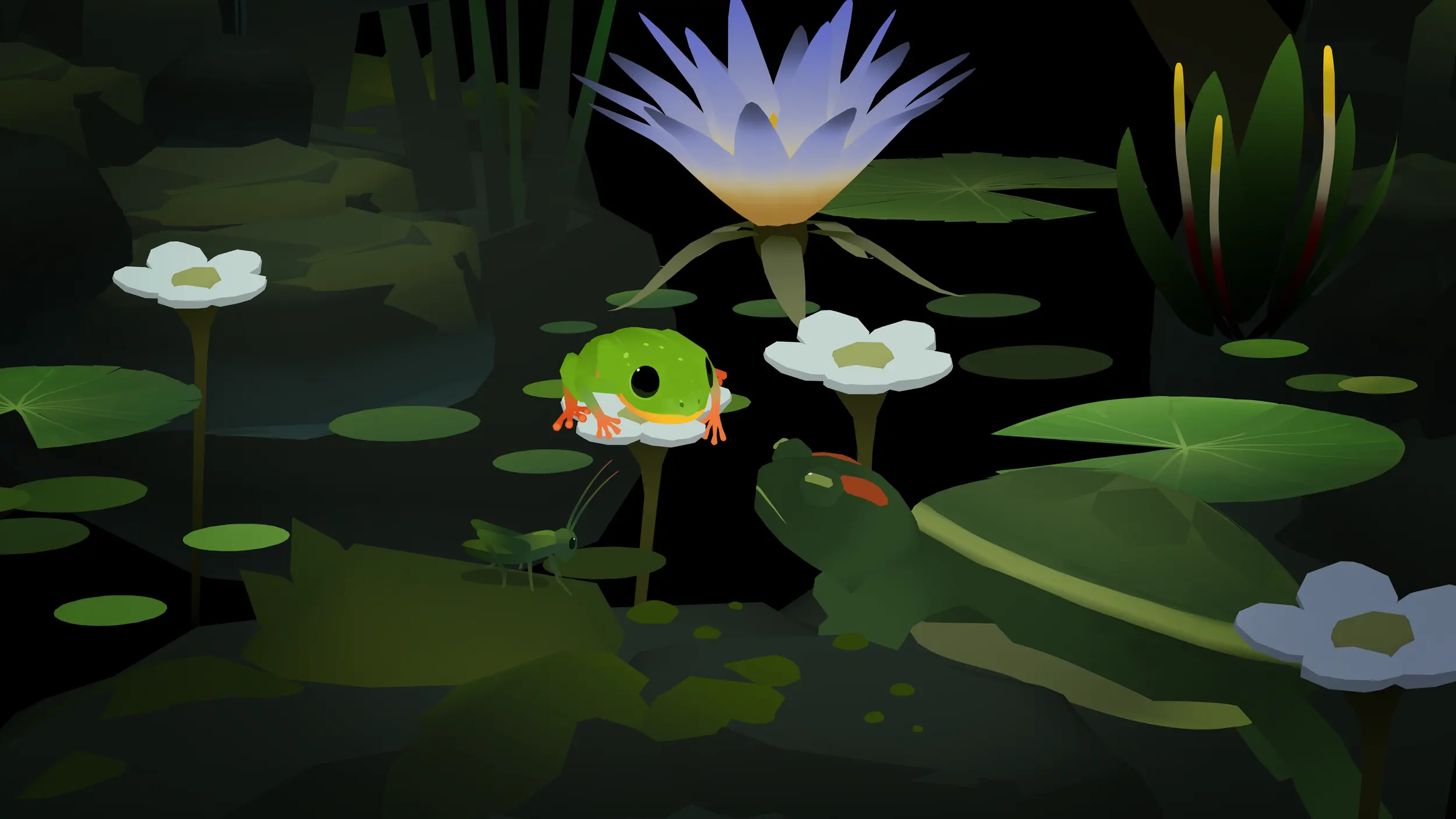 The frog sits on a lily pad beneath a giant blue water lily