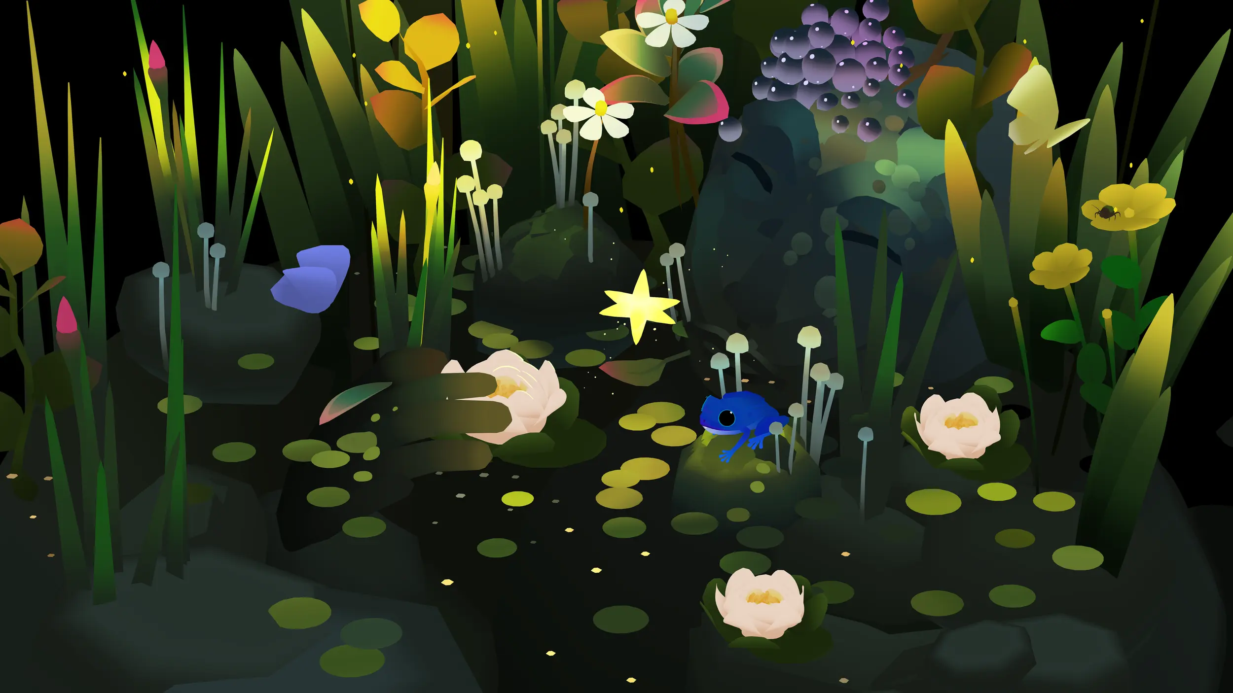 Fireflies and white flowers glowing over a dark pond