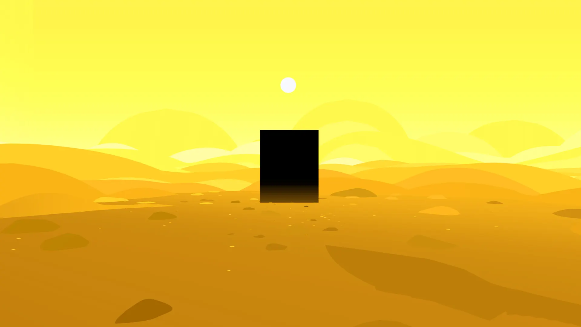 Fragments of rock and colour drifting around a small yellow sun
