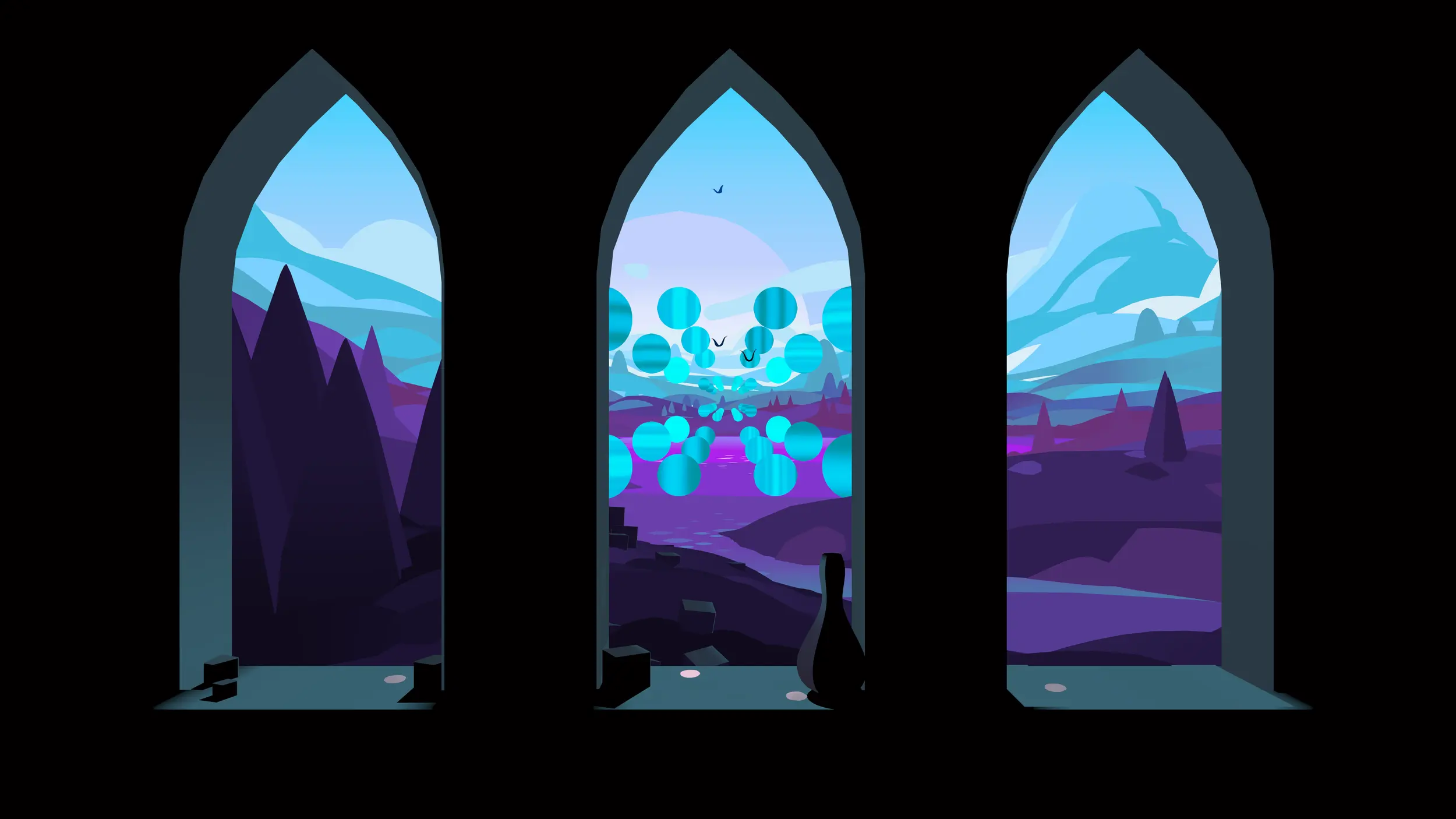 Three gothic windows looking out on a purple mountain valley