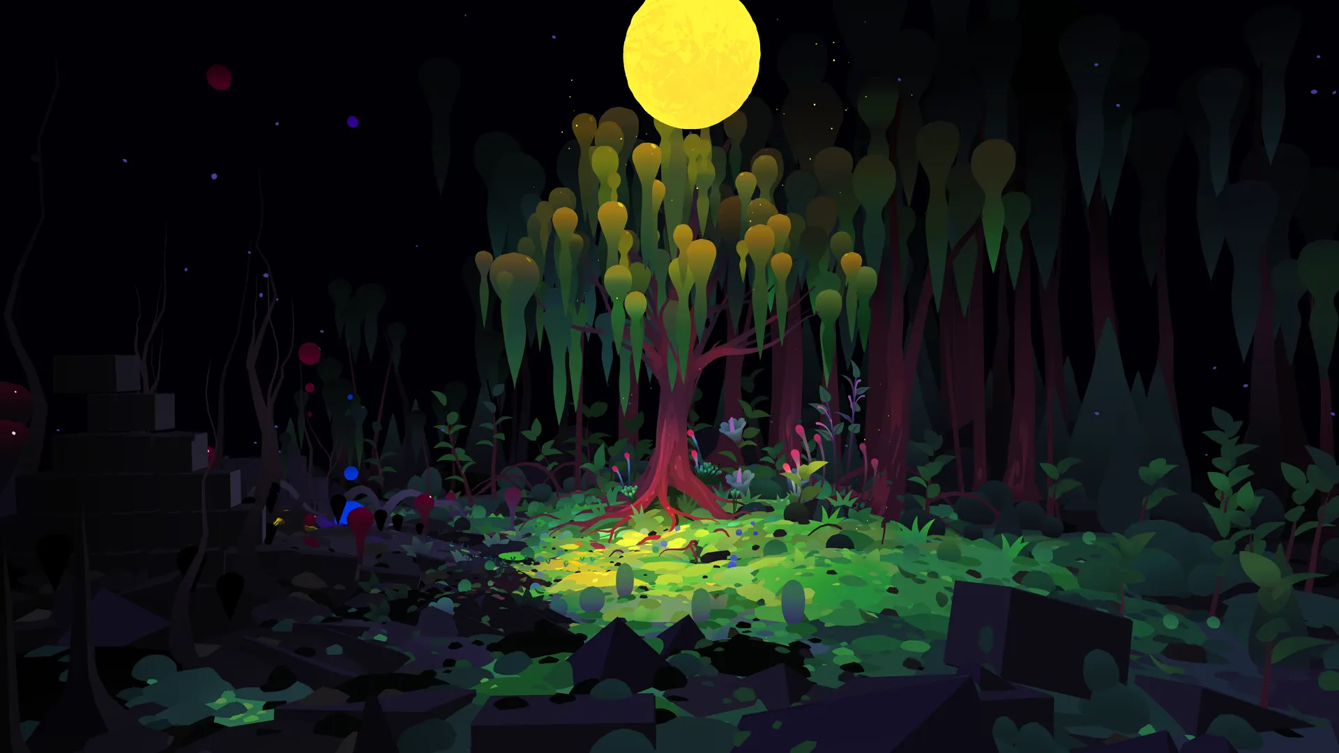 A tree lit from above by a yellow moon in a dark forest